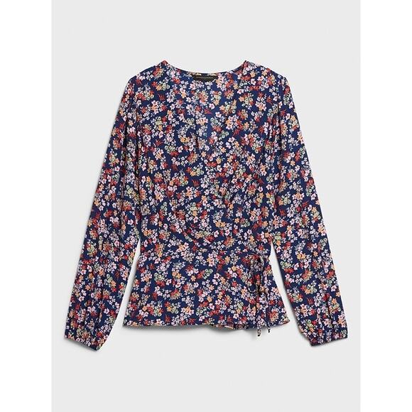 Banana Republic Navy Blue Floral Print Wrap Top Blouse Size Large - Picture 1 of 5